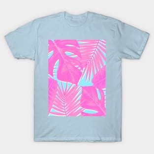 Monstera, Spider Palm, Tropical Leaves, Pink and Blue T-Shirt